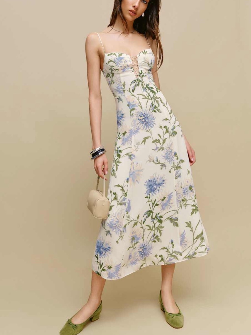 Reformation Emely Dress Midi Length Serenity Ivory Lilac Floral Lace Up French 8